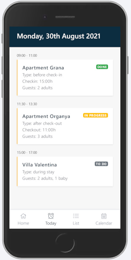 Dispositivo móvel mostrando o plano semanal de todas as limpezas atribuídas no aplicativo Icnea.